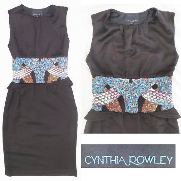 Cynthia Rowley Women's Black Sheath Dress with Asian Patchwork Waist Detail 0 - Picture 1 of 8
